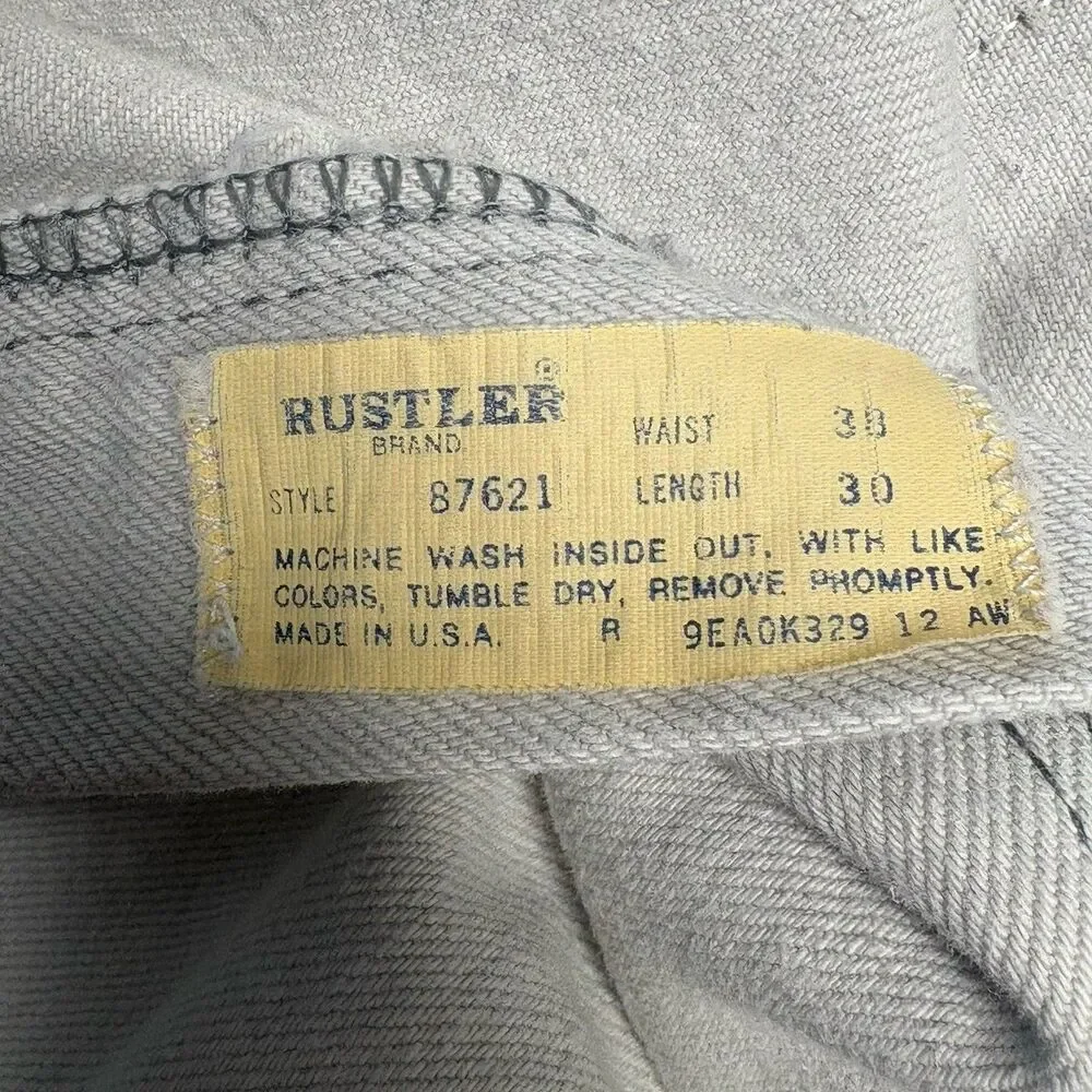 Vintage Rustler Jeans Mens 38x30 White Gray 87621 Straight Leg Denim Made In USA
